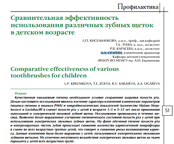 СРАВНИТЕЛЬНАЯ ЭФФЕКТИВНОСТЬ ИСПОЛЬЗОВАНИЯ РАЗЛИЧНЫХ ЗУБНЫХ ЩЕТОК В ДЕТСКОМ ВОЗРАСТЕ