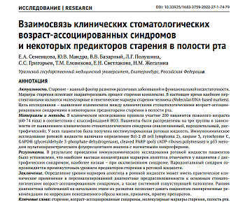 ВЗАИМОСВЯЗЬ КЛИНИЧЕСКИХ СТОМАТОЛОГИЧЕСКИХ ВОЗРАСТ-АССОЦИИРОВАННЫХ СИНДРОМОВ И НЕКОТОРЫХ ПРЕДИКТОРОВ СТАРЕНИЯ В ПОЛОСТИ РТА